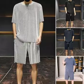 2 шт./компл., мужская летняя повседневная одежда, футболка с круглым вырезом и коротким рукавом, эластичная резинка на талии, карманы, широкие шорты, комплект, сплошной цвет, наряд из ледяного шелка L темно-серого