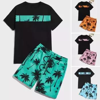 2 шт./компл., мужская летняя повседневная одежда, футболка с принтом кокосовой пальмы, широкие шорты с эластичной резинкой на талии, комплект свободного кроя, повседневная пляжная одежда M синий