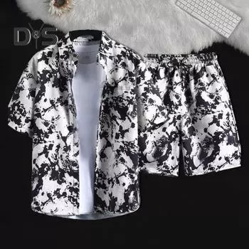 2 шт./компл., мужская летняя повседневная одежда, однобортная рубашка с лацканами и коротким рукавом, эластичная резинка на талии, широкие шорты, комплект с принтом, гавайская экипировка M белый