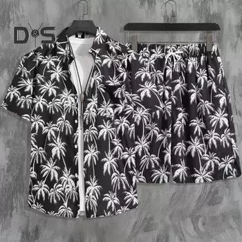 2 шт./компл., мужская летняя повседневная одежда, однобортная рубашка с отворотом и коротким рукавом, эластичная резинка на талии, широкие шорты, комплект с принтом кокосовой пальмы, Гавайи M чёрный