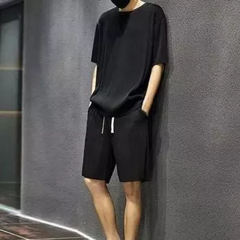 2 шт./компл., мужская летняя повседневная одежда, футболка с круглым вырезом и коротким рукавом, эластичная резинка на талии, карманы, широкие шорты, комплект, сплошной цвет, наряд из ледяного шелка XL светло-серый