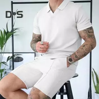 2 шт./компл., мужская летняя повседневная одежда, футболка с отворотом и v-образным вырезом, коротким рукавом, эластичный пояс на шнурке, широкие шорты, комплект одежды M хаки