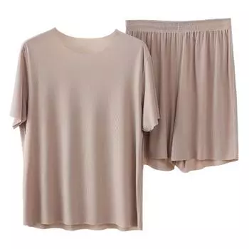 2 шт./компл., мужская одежда для дома, топы с короткими рукавами и круглым вырезом, эластичная талия, широкие шорты, комплект, однотонный ледяной шелк L хаки