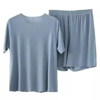 2 шт./компл., мужская одежда для дома, топы с короткими рукавами и круглым вырезом, эластичная талия, широкие шорты, комплект, сплошной цвет, домашняя одежда из ледяного шелка, бесшовный пижамный комплект 2XL синий