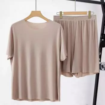 2 шт./компл., мужская одежда для дома, топы с короткими рукавами и круглым вырезом, эластичная талия, широкие шорты, комплект, сплошной цвет, домашняя одежда из ледяного шелка, бесшовный пижамный комплект 3XL темно-серого