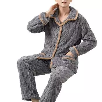 2 шт./компл. Мужская пижамная кофта из кораллового флиса с длинными рукавами и карманами на резинке L синий