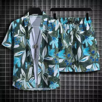 2 шт./компл., мужская пляжная одежда, однобортная рубашка с отворотом и коротким рукавом, эластичная резинка на талии, широкие шорты, комплект, повседневный спортивный костюм с гавайским принтом L оранжевый