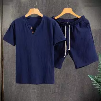 2 шт./компл., мужская повседневная футболка с v-образным вырезом и коротким рукавом, эластичный шнурок на талии, широкие шорты, комплект L хаки