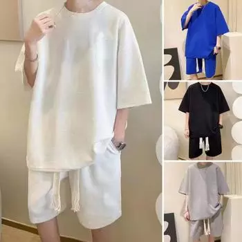 2 шт./компл., мужская повседневная одежда, футболка с коротким рукавом и круглым вырезом, эластичная талия, широкие шорты с завязками на талии, комплект, однотонная Свободная посадка, спортивная одежда с вафельной текстурой 2XL серый