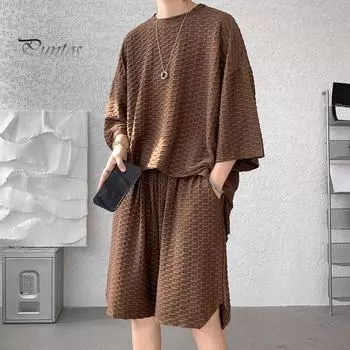 2 шт./компл., мужская повседневная одежда, футболка с круглым вырезом и короткими рукавами, эластичная талия, карманы, дизайн, широкие шорты, комплект, однотонный костюм из двух предметов M зелёный