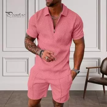 2 шт./компл., мужская повседневная одежда, рубашка на молнии с воротником с короткими рукавами и эластичной резинкой на талии, шорты с карманами, комплект уличного спортивного костюма M розовый