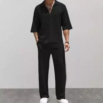 2 шт./компл., мужская повседневная одежда, рубашка с лацканами и v-образным вырезом, рукава, широкая эластичная талия, короткие длинные брюки, комплект, однотонный спортивный костюм L чёрный