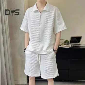 2 шт./компл. мужская повседневная одежда с лацканами на молнии и половиной планки с коротким рукавом футболка с эластичной резинкой на талии и широкими шортами комплект сплошной цвет вафельная текстура лед M чёрный