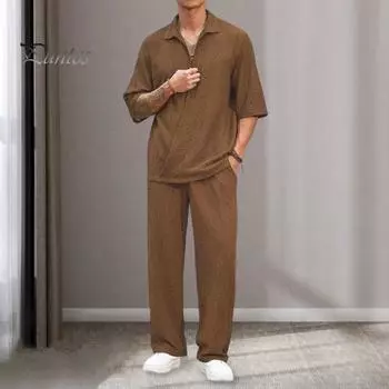 2 шт./компл. мужская повседневная одежда с лацканами и v-образным вырезом, рубашка с короткими рукавами и эластичной резинкой на талии, широкие длинные брюки, комплект, однотонный спортивный костюм L