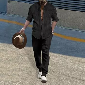 2 шт./компл., мужская повседневная одежда с воротником-стойкой и рукавами, однобортная свободная рубашка, длинный комплект, длинные брюки, однотонный спортивный комплект 2XL темно-серого