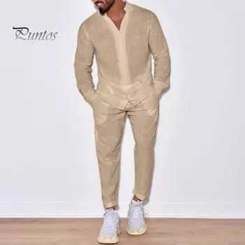 2 шт./компл., мужская повседневная одежда с воротником-стойкой, однобортная рубашка с длинными рукавами и карманами, длинные брюки, комплект, одноцветный костюм L хаки
