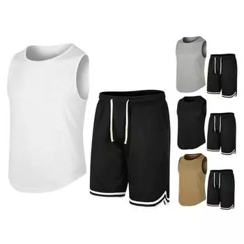 2 шт./компл., мужская повседневная одежда, жилет без рукавов с круглым вырезом, эластичная резинка на талии, широкие шорты на шнуровке, комплект свободной посадки, спортивная одежда для бега для фитнеса и бега L белый