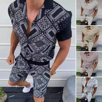 2 шт./компл., мужская рубашка, комплект с шортами, полосатый принт, контрастный цвет, с короткими рукавами, отложной воротник, эластичная резинка на талии, летний спортивный костюм, комплект мужской одежды
