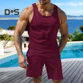 2 шт./компл. Мужская спортивная одежда из вафельной ткани, однотонный жилет без рукавов с круглым вырезом и эластичной талией, широкие шорты, повседневная одежда M вино красного