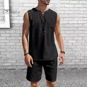 2 шт./компл. Мужская спортивная одежда, жилет, шорты, комплект без рукавов на шнуровке с V-образным вырезом, свободные однотонные эластичные поясные накладные карманы, дышащие быстросохнущие мужские шорты-топ M белый