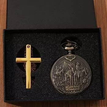 2 шт./компл., мужские кварцевые карманные часы в стиле ретро, винтажные карманные часы с ковбойским узором в стиле вестерн и 1 шт. подвеска с крестом, идеальный выбор для подарков