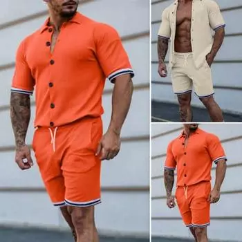 2 шт./компл., мужские топы, шорты, костюм, дышащие, мягкие, из двух частей, простой, облегающий, с короткими рукавами, с эластичной резинкой на талии, с отворотами, мужская футболка, комплект брюк