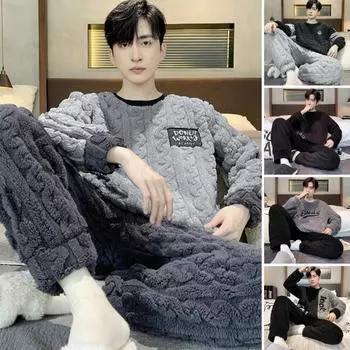 2 шт./компл., мужские зимние пижамы, комплект с круглым вырезом и длинными рукавами, толстая витая текстура, свободная эластичная талия, теплые мягкие карманы, контрастный цвет, мужская домашняя одежда XL