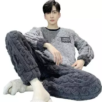 2 шт./компл., мужские зимние пижамы, комплект с круглым вырезом и длинными рукавами, толстая витая текстура, свободная эластичная талия, теплые мягкие карманы, контрастный цвет, мужская домашняя одежда M