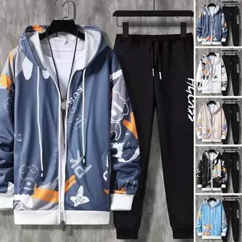 2 шт./компл., мужское пальто, брюки, костюм с капюшоном, буквенным принтом, застежкой-молнией, свободная эластичная талия, мужской спортивный костюм в стиле хип-хоп с ремешками на щиколотке M чёрный