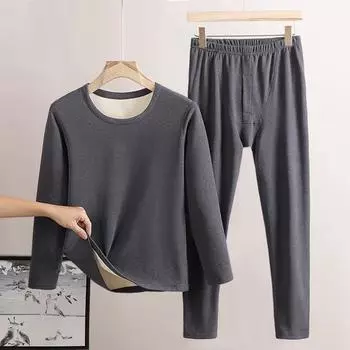 2 шт./компл., мужское зимнее нижнее белье, костюм, нижняя одежда, толстые, мягкие, плюшевые, однотонные, эластичные, с круглым вырезом, с регулируемой талией, топ с длинными рукавами, брюки 4XL чёрный