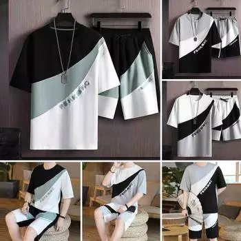 2 шт./комплект мужской летний спортивный комплект с коротким рукавом и круглым вырезом футболка с карманами широкие шорты комплект пэчворк цветной открытый L серый