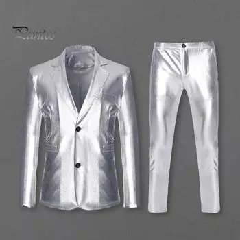 2 шт./компл. мужской костюм пальто брюки комплект лацкан длинный рукав однобортный костюм пиджак длинные брюки комплект золотой штампованный деловой костюм M серебряный