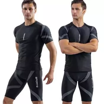 2 шт./компл., мужской купальник со средней посадкой и круглым вырезом с коротким рукавом и принтом, облегающая футболка, комплект для плавания, пляжная одежда 2XL Trousers