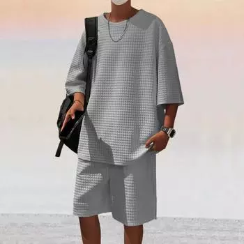 2 шт./компл., мужской летний наряд, футболка с круглым вырезом и коротким рукавом, эластичная талия, широкие карманы, шорты, комплект, однотонный спортивный костюм с вафельной текстурой XXXL серый