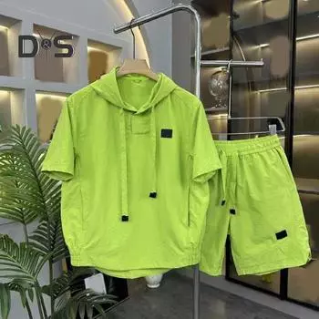 2 шт./компл., мужской летний наряд, топы с капюшоном и короткими рукавами, эластичная талия, карманы, шорты, комплект, одноцветный спортивный костюм свободного покроя L чёрный