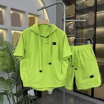 2 шт./компл., мужской летний наряд, топы с капюшоном и короткими рукавами, эластичная талия, карманы, шорты, комплект, одноцветный спортивный костюм свободного покроя XL чёрный