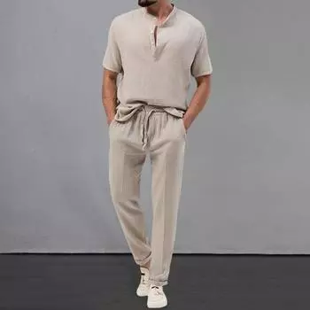 2 шт./компл., мужской наряд, воротник-стойка, вырез, короткие эластичные рукава, футболка, пуговицы на талии, карманы на шнурке, комплект длинных брюк XL темно-серого