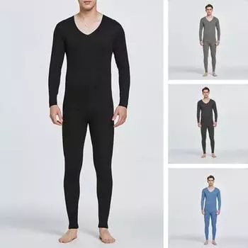 2 шт./компл., мужской однотонный комплект термобелья, двусторонний замшевый топ с v-образным вырезом и длинными рукавами, облегающий комплект с высокой талией и длинными брюками 2XL чёрный