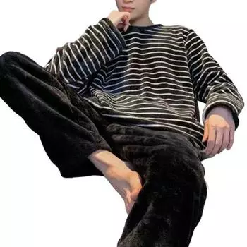 2 шт./компл., мужской осенне-зимний пижамный комплект в полоску с круглым вырезом и длинным рукавом, толстый теплый эластичный пояс, толстый коралловый флис, мужская домашняя одежда, топ, брюки, комплект L коричневый