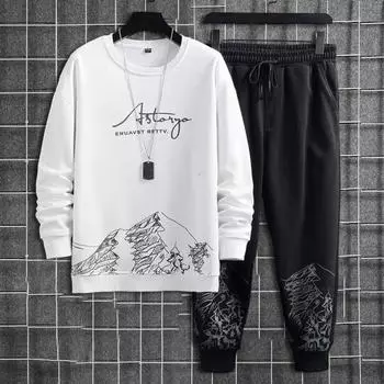 2 шт./компл., мужской осенне-зимний повседневный спортивный костюм, горный принт, толстовка с длинными рукавами и круглым вырезом, эластичная резинка на талии, комплект штанов для бега на шнурке 2XL белый