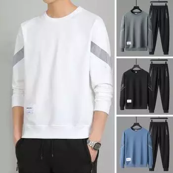2 шт./компл., мужской осенне-зимний повседневный спортивный костюм с полосатым принтом и круглым вырезом, толстовка с длинными рукавами, топы с эластичной резинкой на талии, комплект штанов для бега XL белый