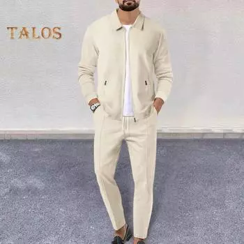 2 шт./компл. мужской осенний костюм с лацканами, длинным рукавом, застежкой-молнией, кардиганом, эластичным шнурком на талии, длинными брюками, повседневная одежда с вафельной текстурой M серый