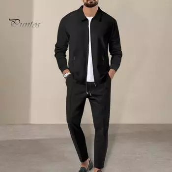 2 шт./компл. мужской осенний костюм с лацканами, длинным рукавом, застежкой-молнией, кардиганом, эластичным шнурком на талии, длинными брюками, повседневная одежда с вафельной текстурой M белый