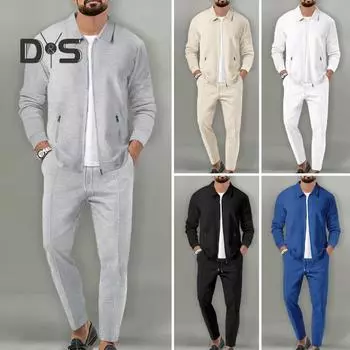 2 шт./компл. мужской осенний костюм с лацканами, длинным рукавом, застежкой-молнией, кардиганом, эластичным шнурком на талии, длинными брюками, повседневная одежда с вафельной текстурой M хаки