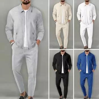 2 шт./компл. мужской осенний костюм с лацканами, длинным рукавом, застежкой-молнией, кардиганом, эластичным шнурком на талии, длинными брюками, повседневная одежда с вафельной текстурой M серый