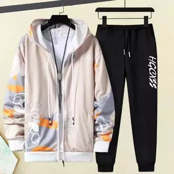 2 шт./компл., мужской пальто, брюки, костюм с капюшоном, буквенным принтом, застежкой-молнией, свободные эластичные M синий