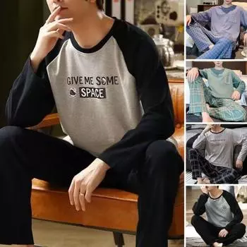 2 шт./компл., мужской пижамный комплект, весенне-осенний комплект с круглым вырезом и длинным рукавом, клетчатый топ с буквенным принтом, длинные брюки с эластичной резинкой на талии, комплект мужской пижамы, домашняя одежда L