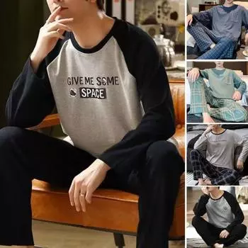 2 шт./компл., мужской пижамный комплект, весенне-осенний комплект с круглым вырезом и длинным рукавом, клетчатый топ с буквенным принтом, длинные брюки с эластичной резинкой на талии, комплект мужской пижамы, домашняя одежда XL