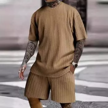 2 шт./компл., мужской спортивный костюм, короткая футболка с круглым вырезом, эластичная талия, шорты с широкими рукавами и карманами, комплект с жаккардовой текстурой для бега M серый/зелёный