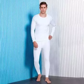 2 шт./компл. мужской теплый домашний комплект с круглым вырезом, длинными рукавами, эластичным поясом, длинными брюками, однотонный цвет M белый